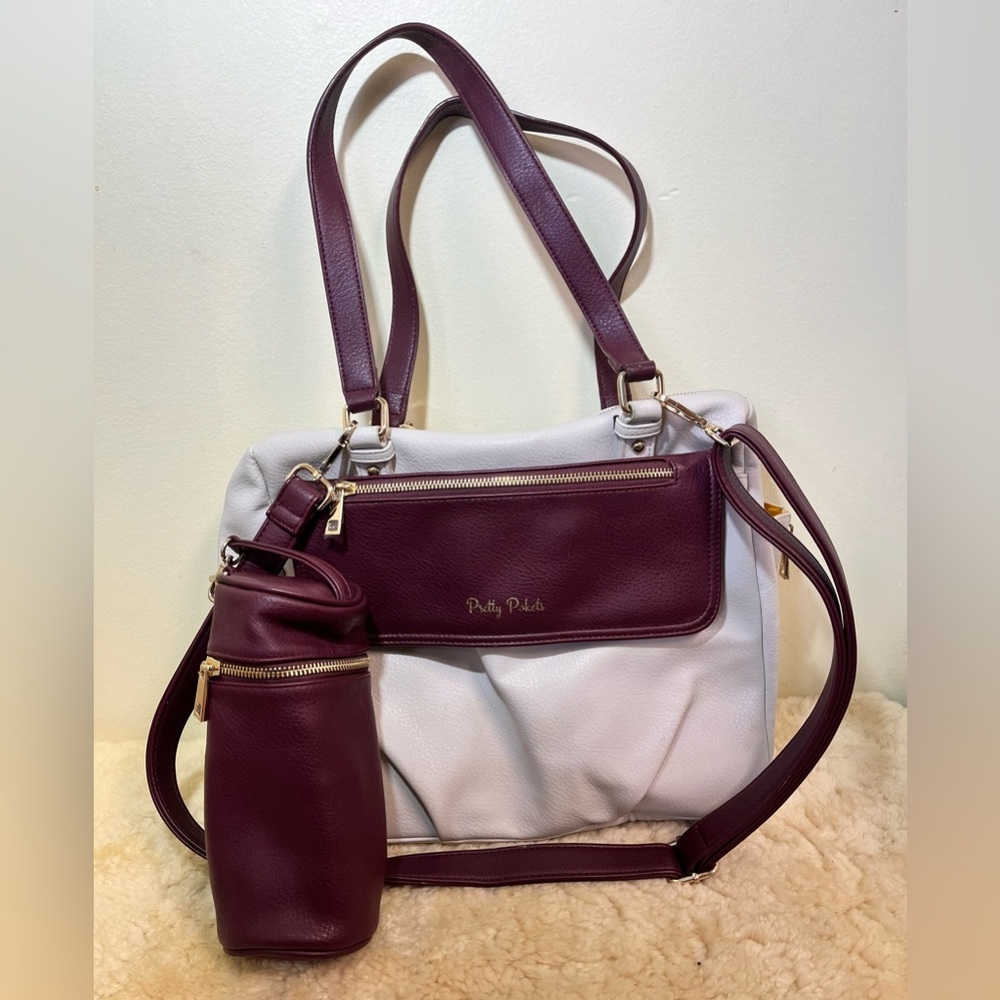 Pretty Pokets Diaper Bag Tote Maroon & White With Bottle Holder